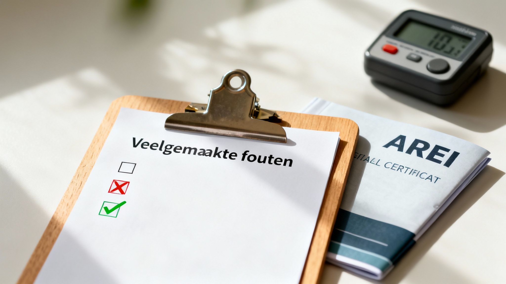 Klembord met checklist 'Veelgemaakte fouten', AREI-certificaat en digitale meter voor inspectie op tafel.