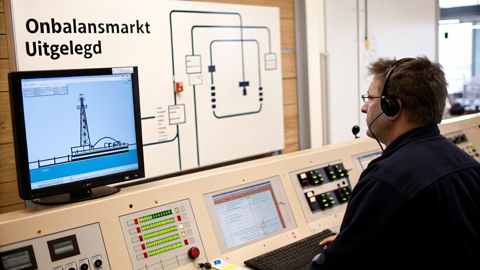 Operator met headset in controlekamer, kijkt naar schermen met technische tekeningen en een whiteboard over de onbalansmarkt.