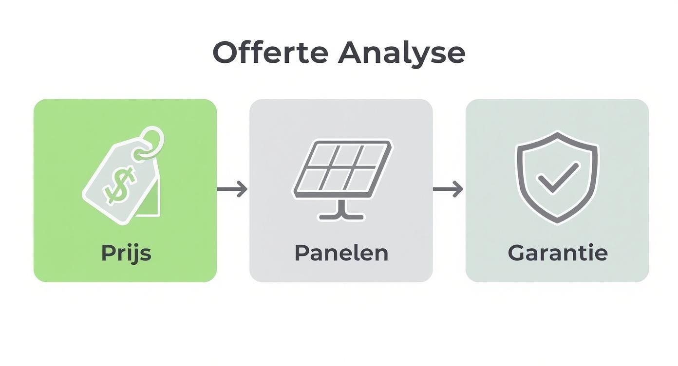 Offerte analyse proces voor zonnepanelen installatie met prijs, panelen selectie en garantie stappen