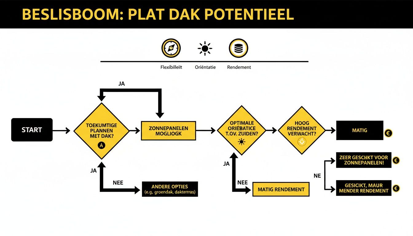 Beslisboom voor plat dak potentieel, inclusief stappen voor zonnepanelen, flexibiliteit, oriëntatie en rendement.