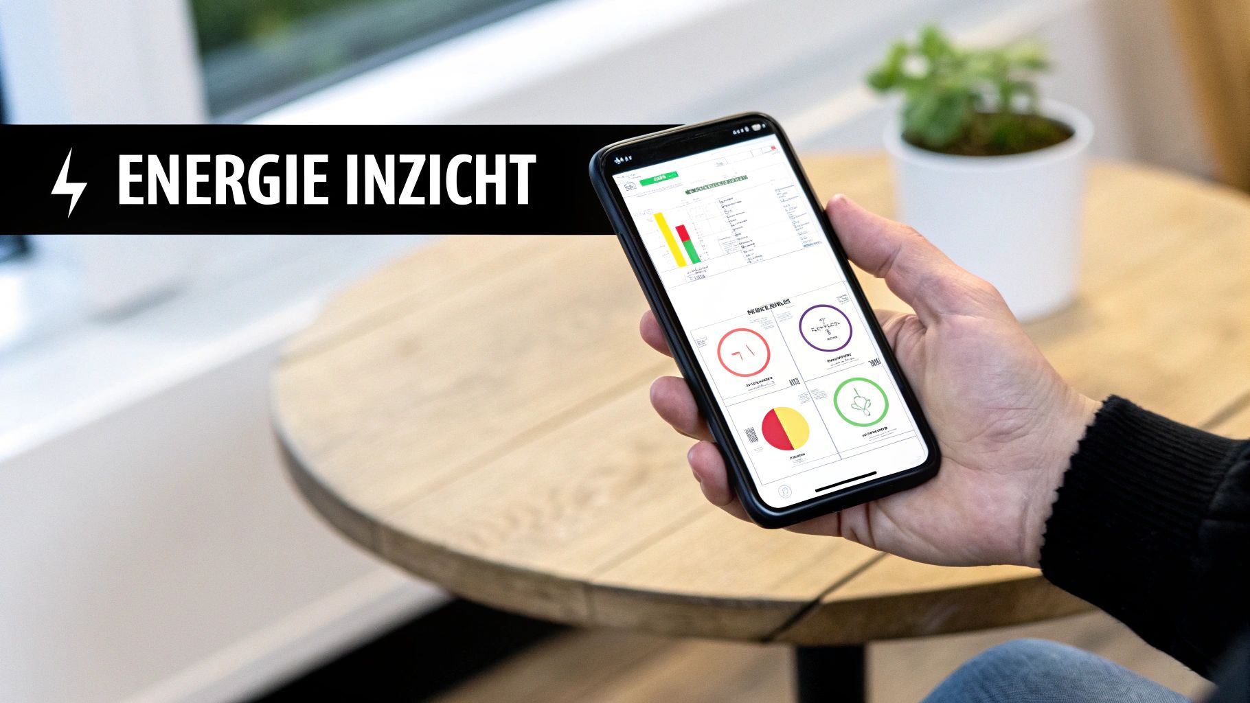 Een hand houdt een smartphone vast met een energie-inzicht-app die grafieken en gegevens toont, naast de tekst 'ENERGIE INZICHT'.