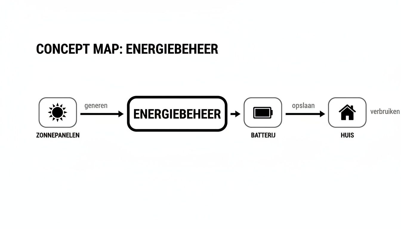 Conceptkaart over energiebeheer: zonnepanelen genereren energie, die via energiebeheer naar een batterij gaat voor opslag en vervolgens door het huis verbruikt wordt.