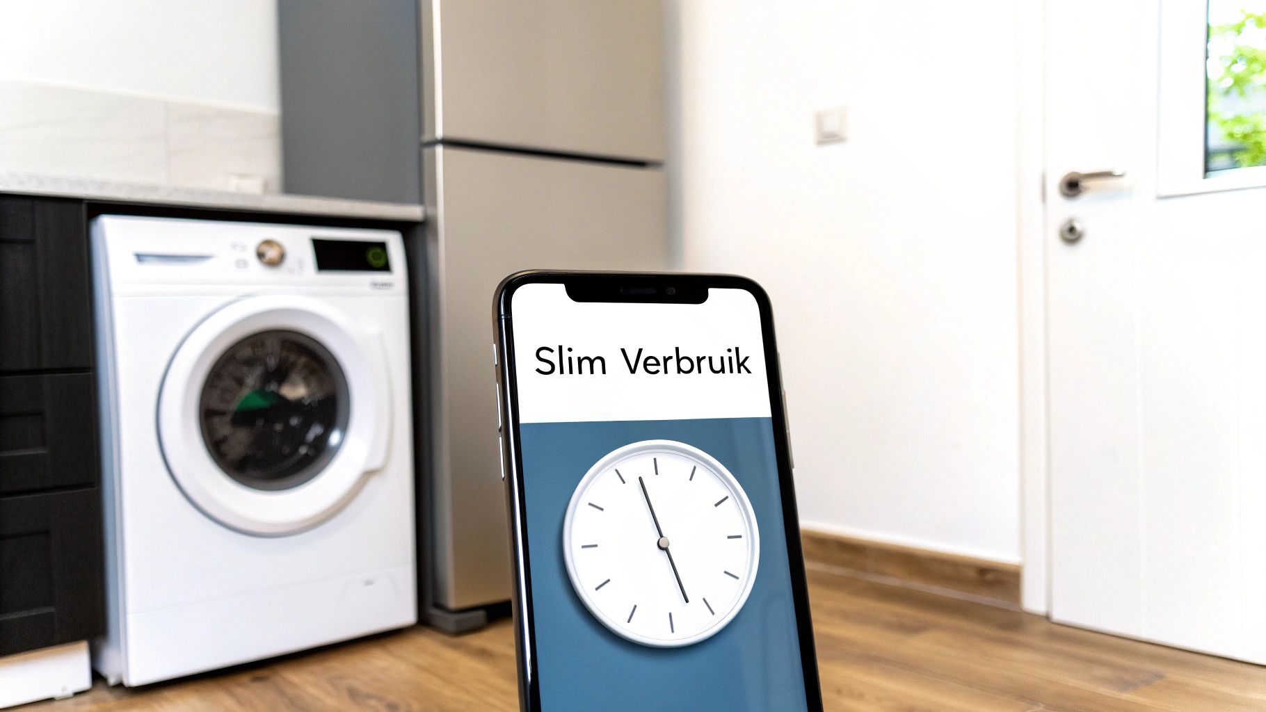 Smartphone toont 'Slim Verbruik' app met klok, naast een witte wasmachine en koelkast in een moderne keuken.