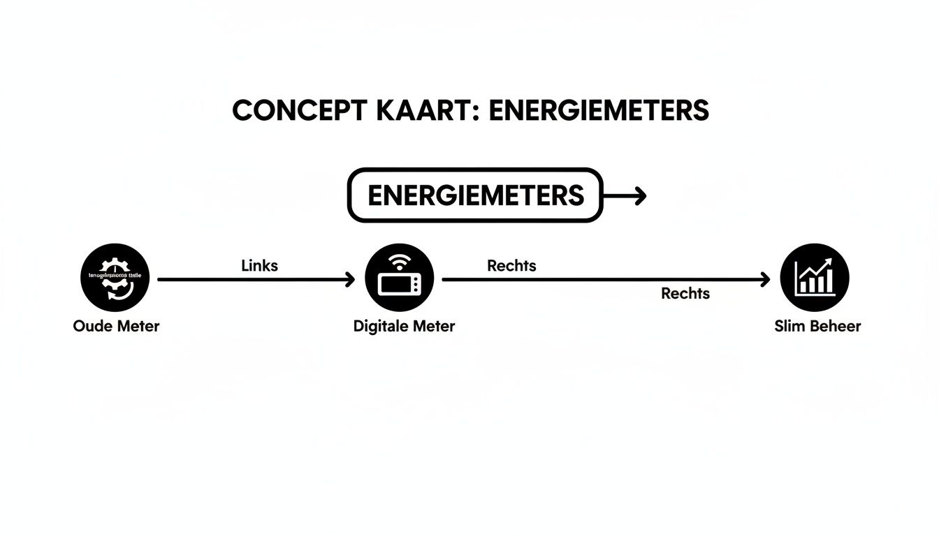 Concept kaart die de evolutie van energiemeters toont, van oude naar digitale meters en slim beheer.