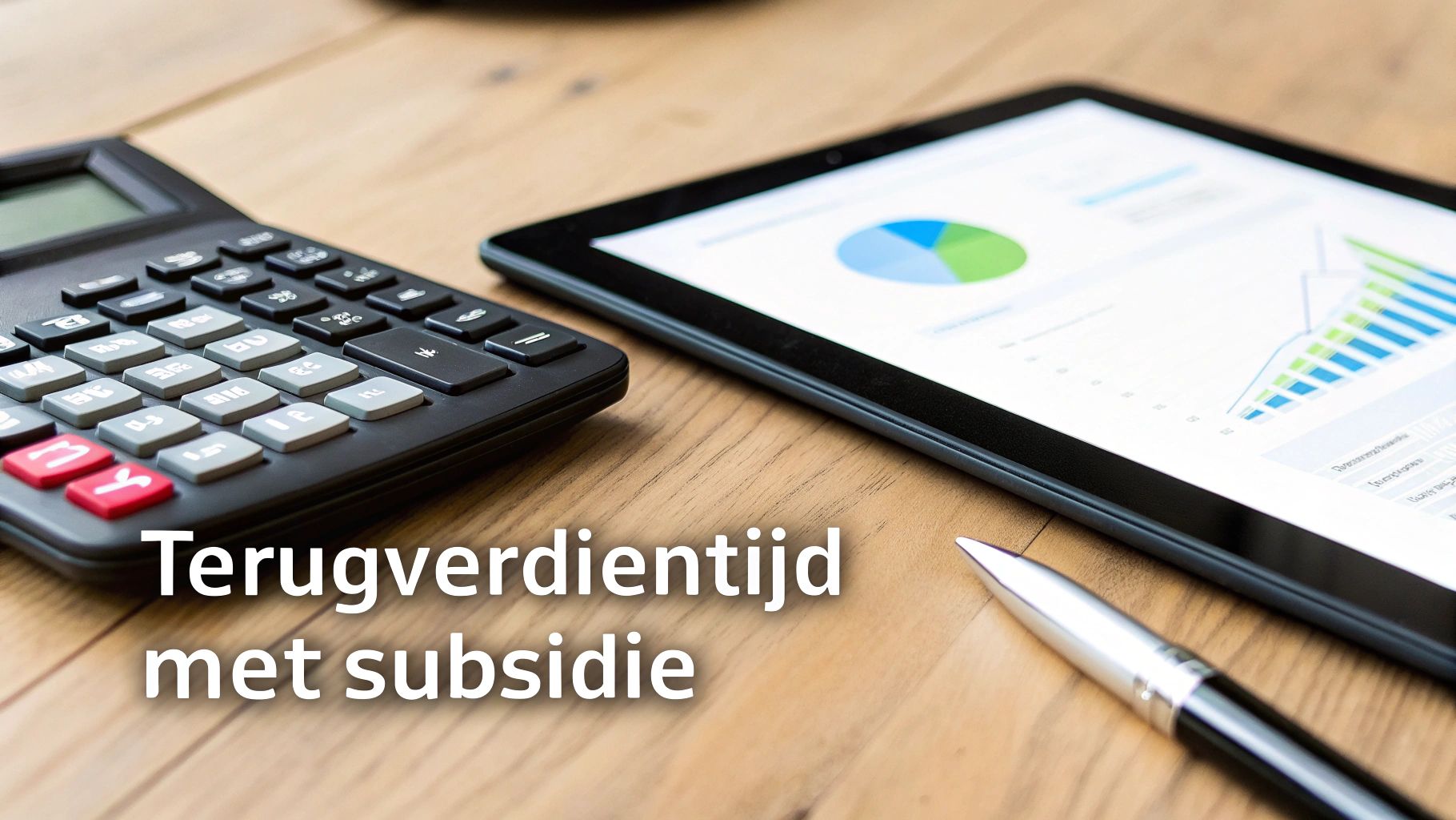 Rekenmachine, tablet met financiële grafieken en pen op houten bureau, met tekst 'Terugverdientijd met subsidie'.