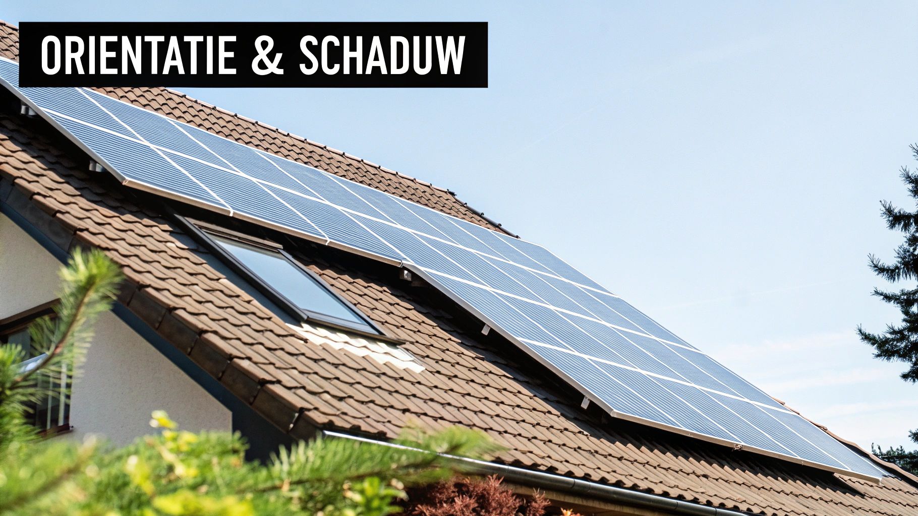Zonnepanelen op een dak met bruine dakpannen, een dakraam en een helderblauwe lucht. Bovenin staat de tekst 'ORIENTATIE &amp; SCHADUW'.
