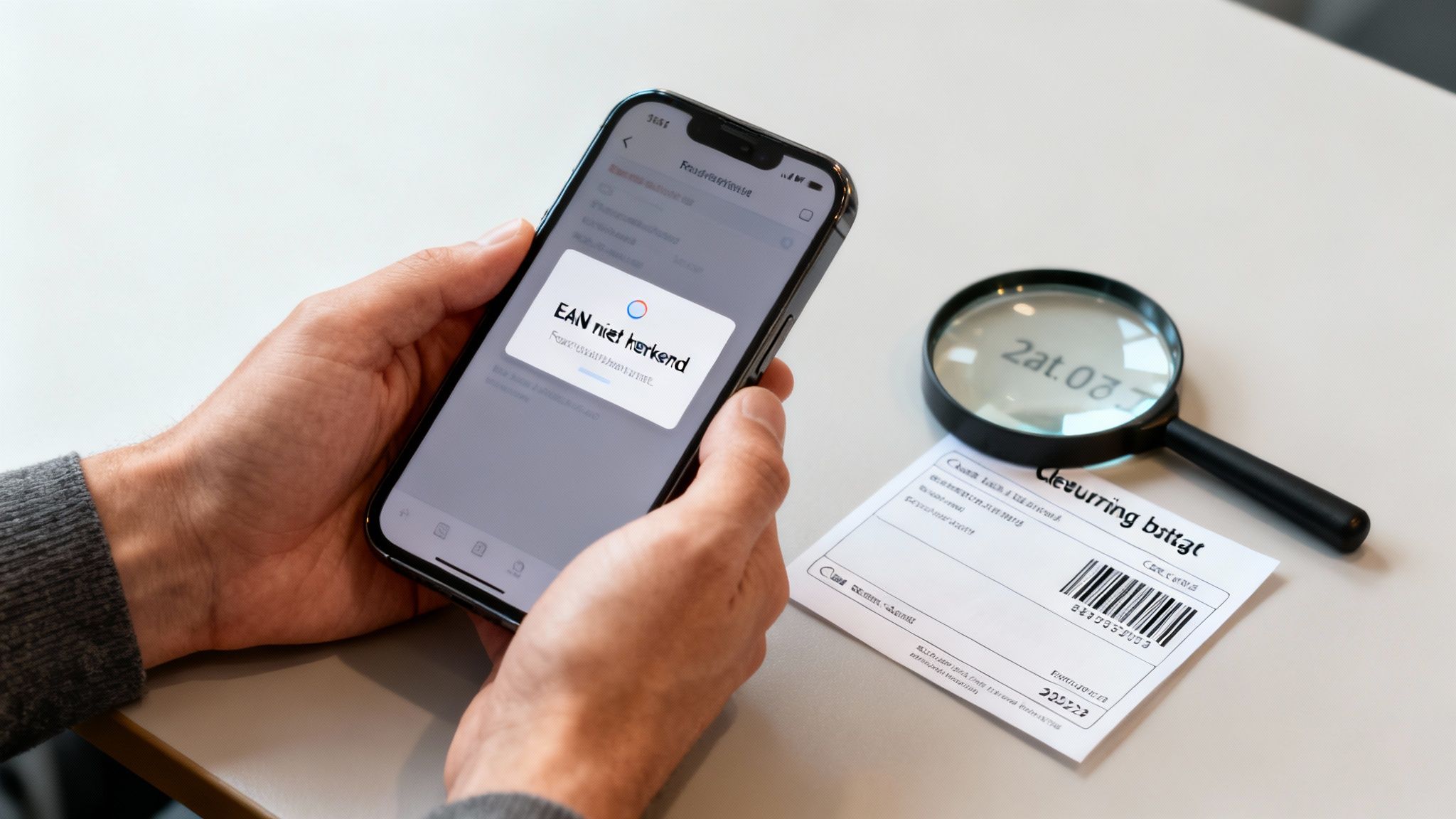 Handen houden een smartphone vast met foutmelding 'EAN niet herkend'. Op tafel ligt een document met barcode en een vergrootglas.