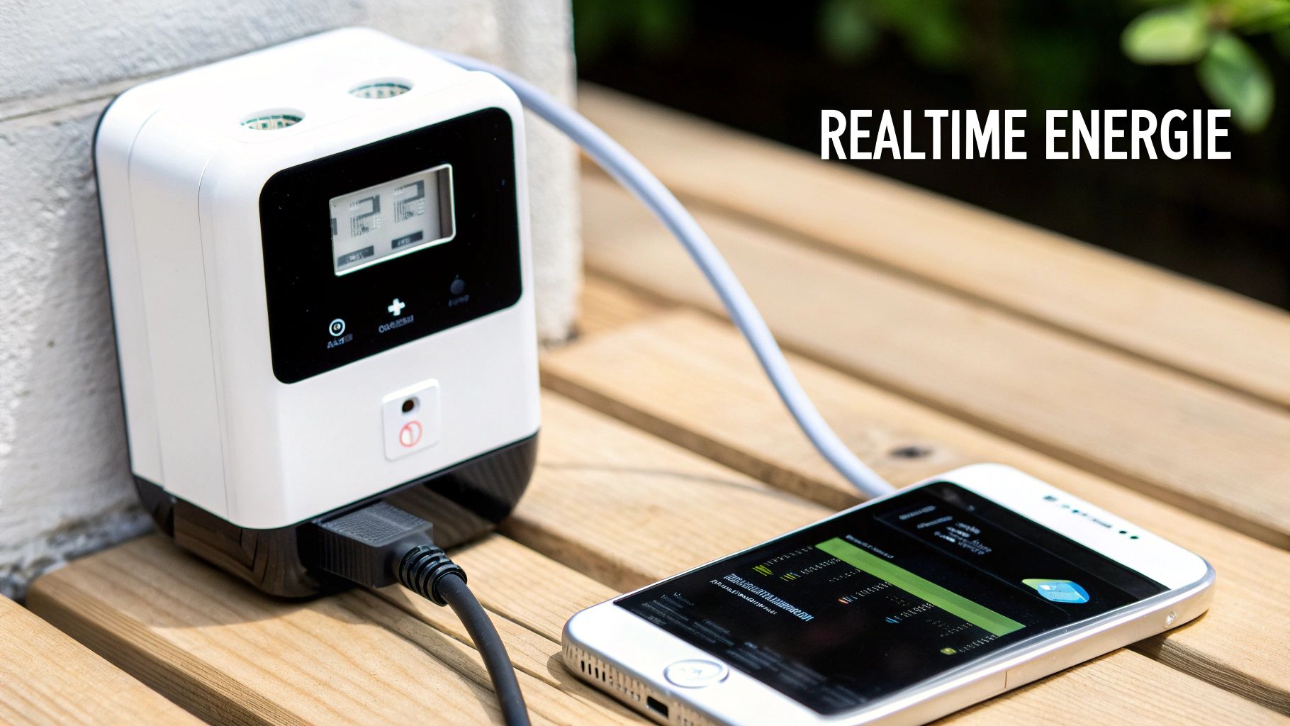 Witte digitale energiemeter toont data, verbonden met smartphone op houten oppervlak. Realtime energie monitoring.