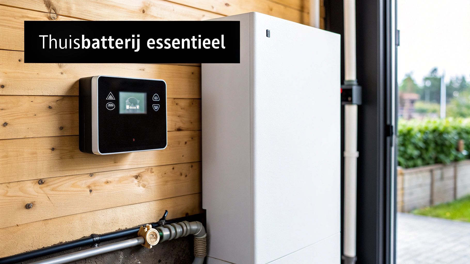 Een thuisbatterij systeem met een bedieningspaneel aan een houten wand, essentieel voor energieopslag.
