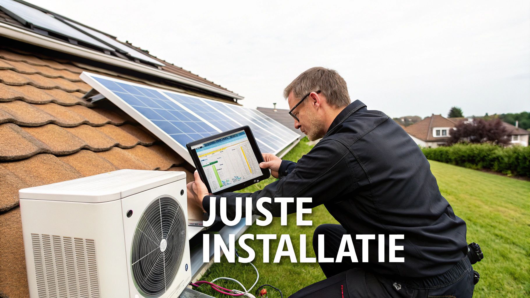 Een technicus inspecteert de installatie van zonnepanelen en een warmtepomp met een tablet buiten een woning.