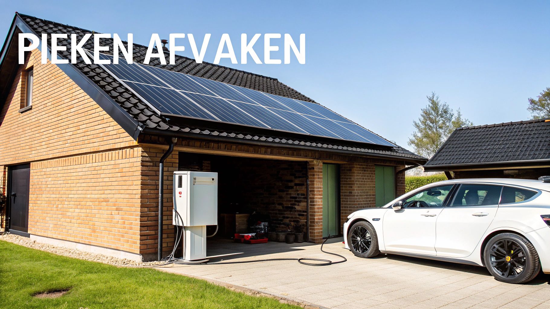 Huis met zonnepanelen en een elektrische auto die wordt opgeladen bij een laadstation, onder een helderblauwe lucht.