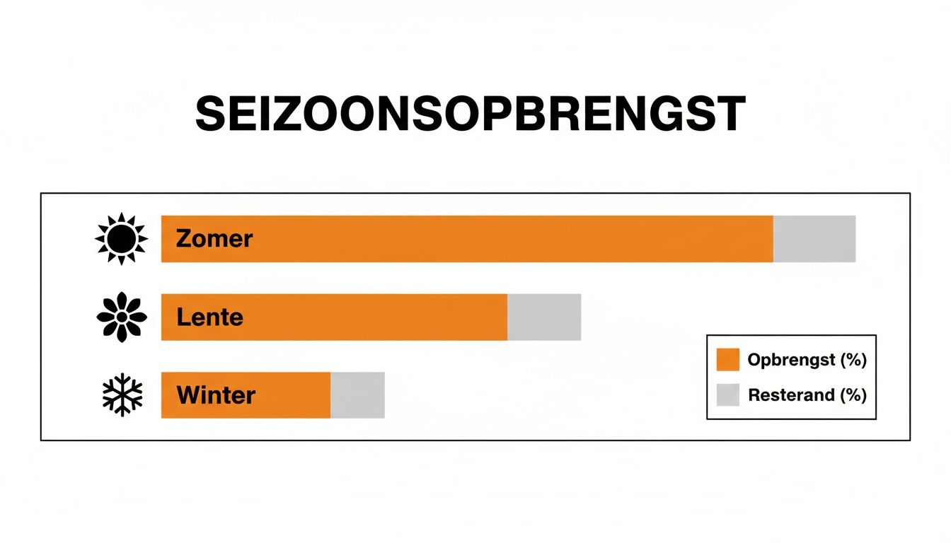 Staafdiagram toont seizoensgebonden opbrengst en resterend percentage voor zonne-energie in Zomer, Lente en Winter.
