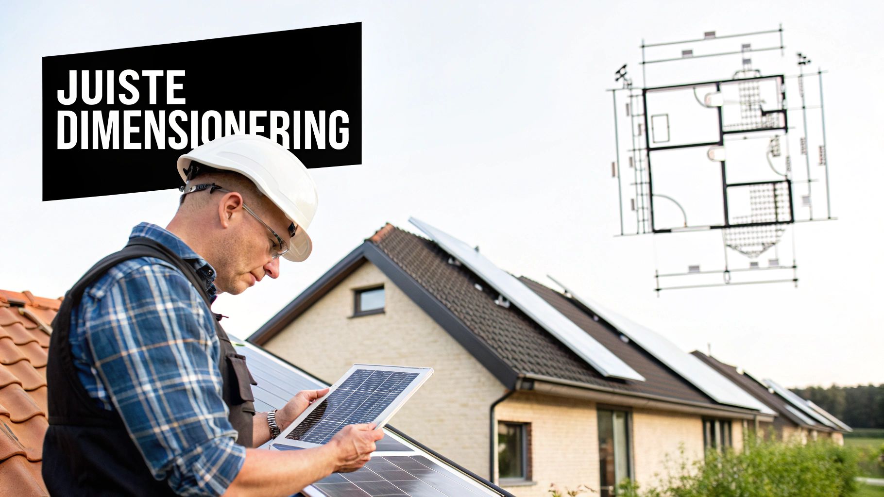 Monteur in veiligheidshelm controleert zonnepanelen op dak met bouwplan. Tekst: JUISTE DIMENSIONERING.
