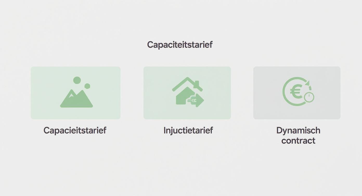 Drie kaarten met pictogrammen en tekst over verschillende energietarieven: capaciteitstarief, injectietarief en dynamisch contract.