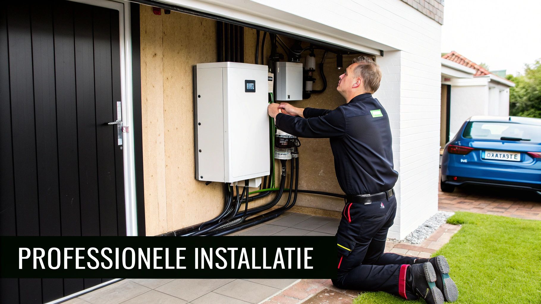 Professionele installateur installeert batterijopslag systeem en elektrische componenten in moderne garage