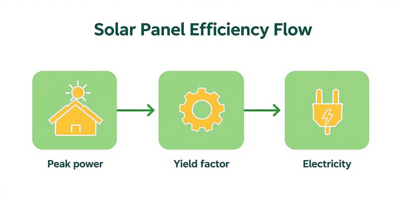 Stroomschema dat het rendement van zonnepanelen toont, van piekvermogen tot elektriciteit via de opbrengstfactor.