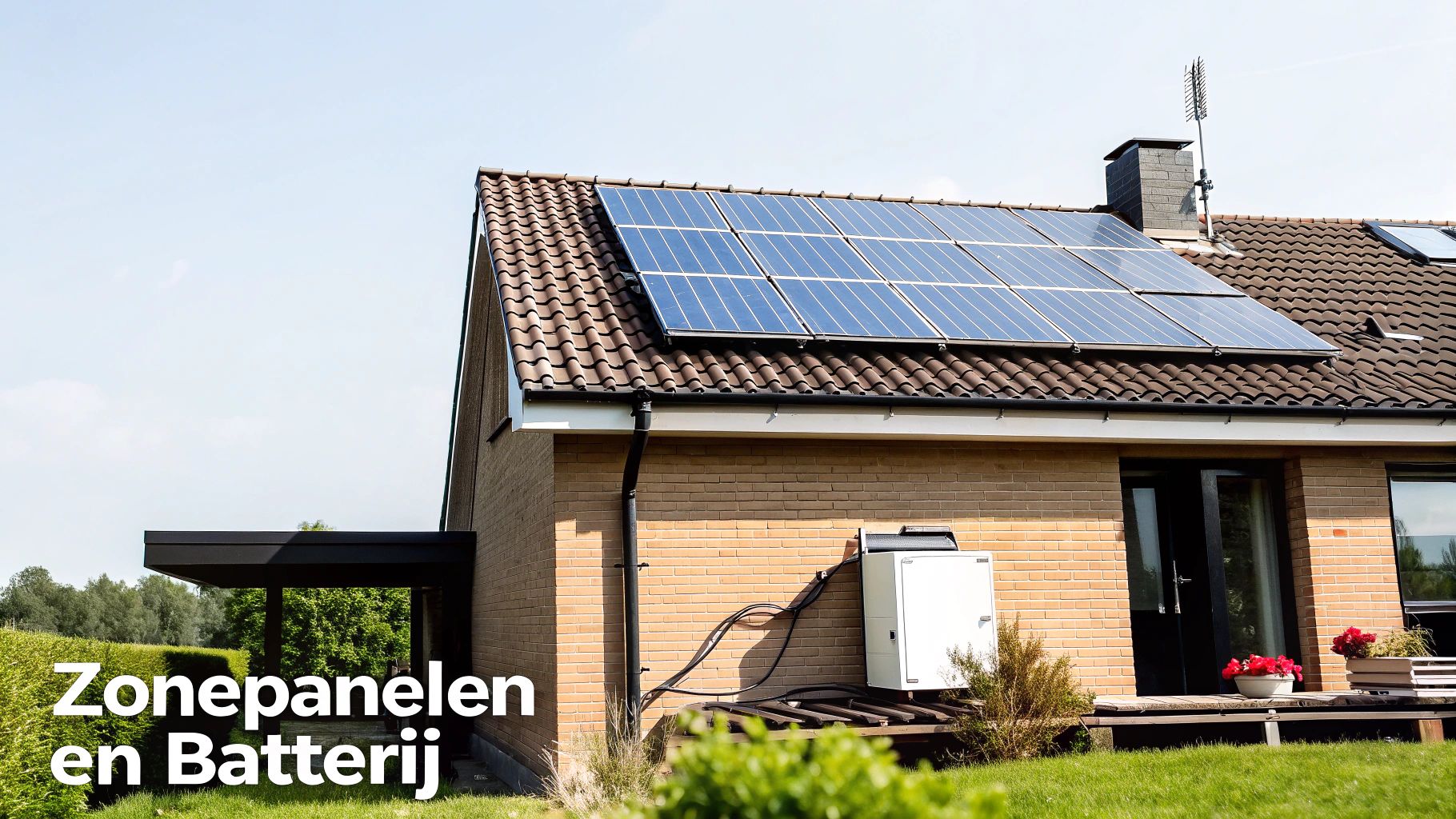 Woonhuis met zonnepanelen op het dak en een energieopslagsysteem aan de gevel.