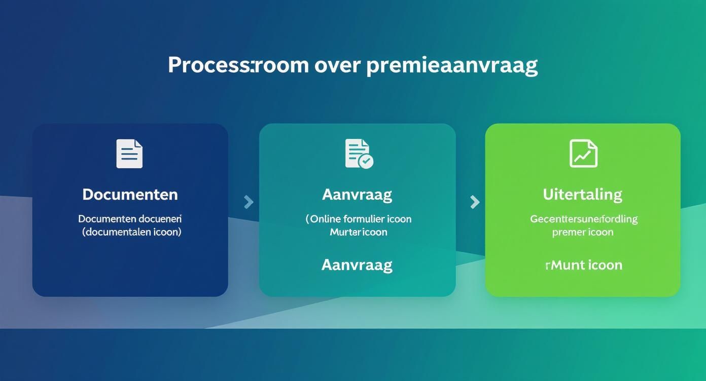 Procesoverzicht voor een premieaanvraag met stappen voor documenten, aanvraag en uitbetaling.