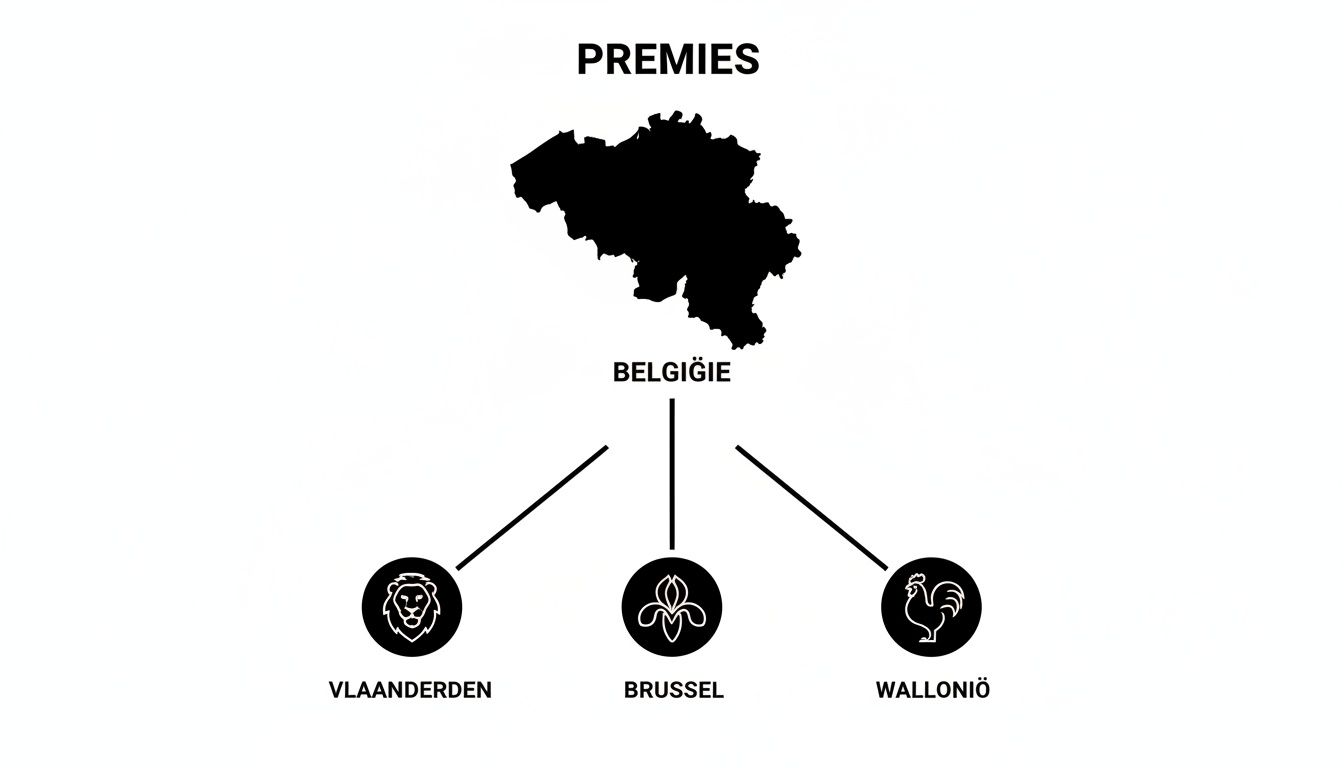 Kaart van België met verdeling van premies per regio: Vlaanderen (leeuw), Brussel (iris) en Wallonië (haan).