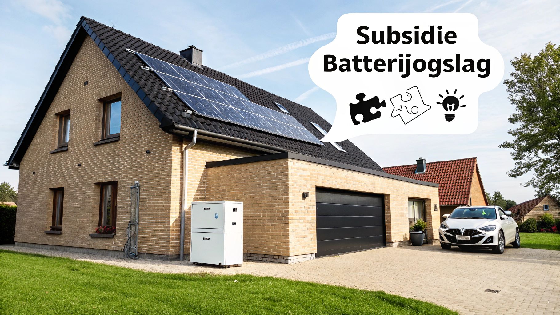 Woonhuis met zonnepanelen op het dak, een batterijopslagsysteem en een tekstwolk over subsidie voor energieopslag.