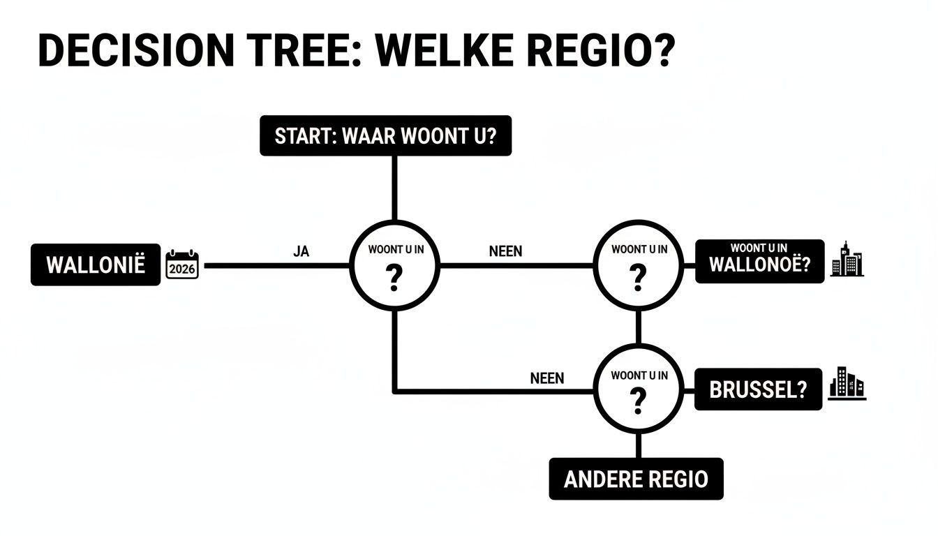 Beslissingsboom met de vraag 'Waar woont u?' om uw regio te bepalen, inclusief Wallonië, Brussel en andere regio's.