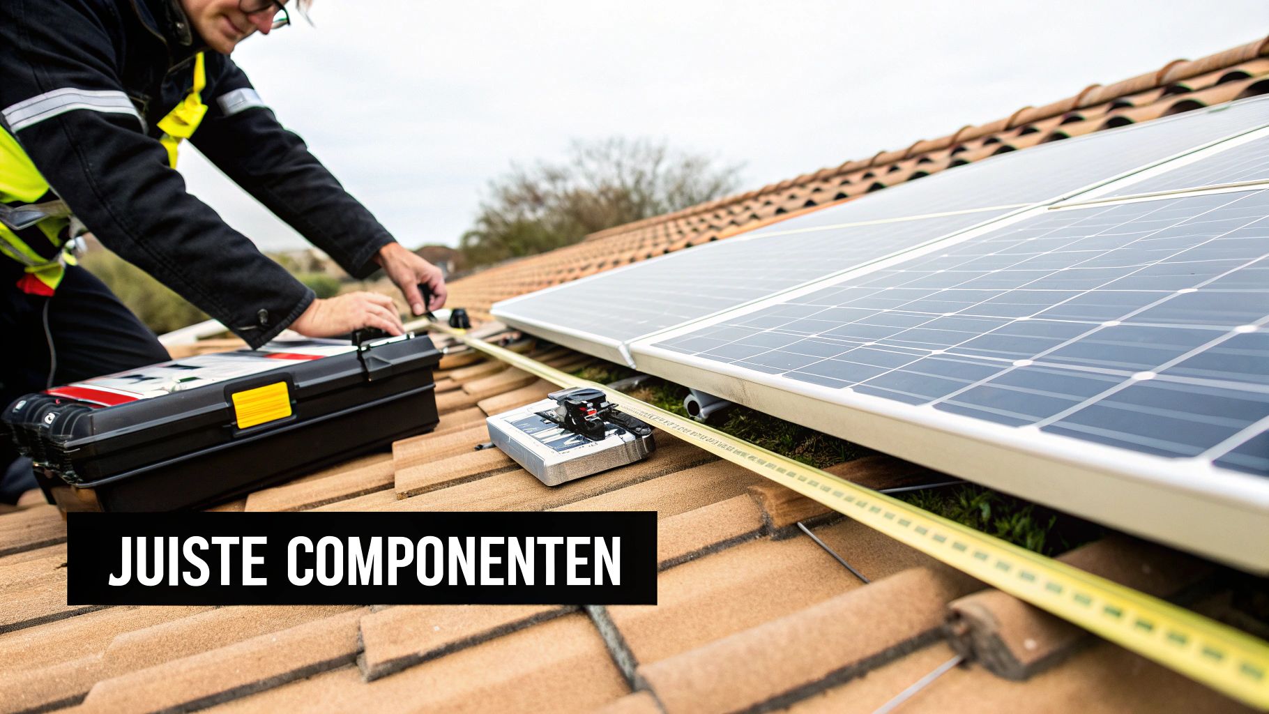 Een installateur op een pannendak die bezig is met de installatie van zonnepanelen, met gereedschap en meetlint.