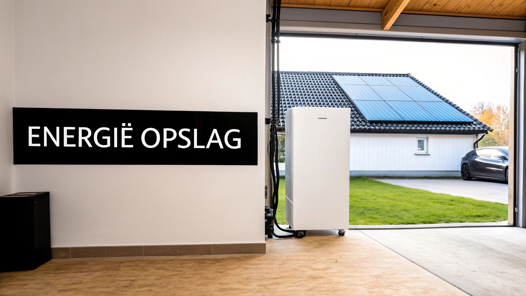 Bord 'ENERGIE OPSLAG' en wit energiesysteem binnen, met huis met zonnepanelen en elektrische auto buiten.