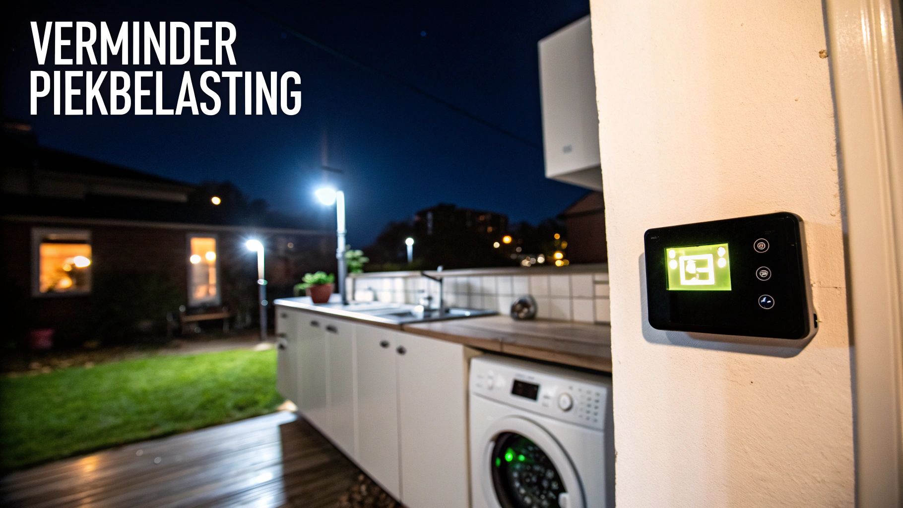 Een slim energiebeheer display aan de muur, met de tekst 'Verminder Piekbelasting' en een wasmachine.
