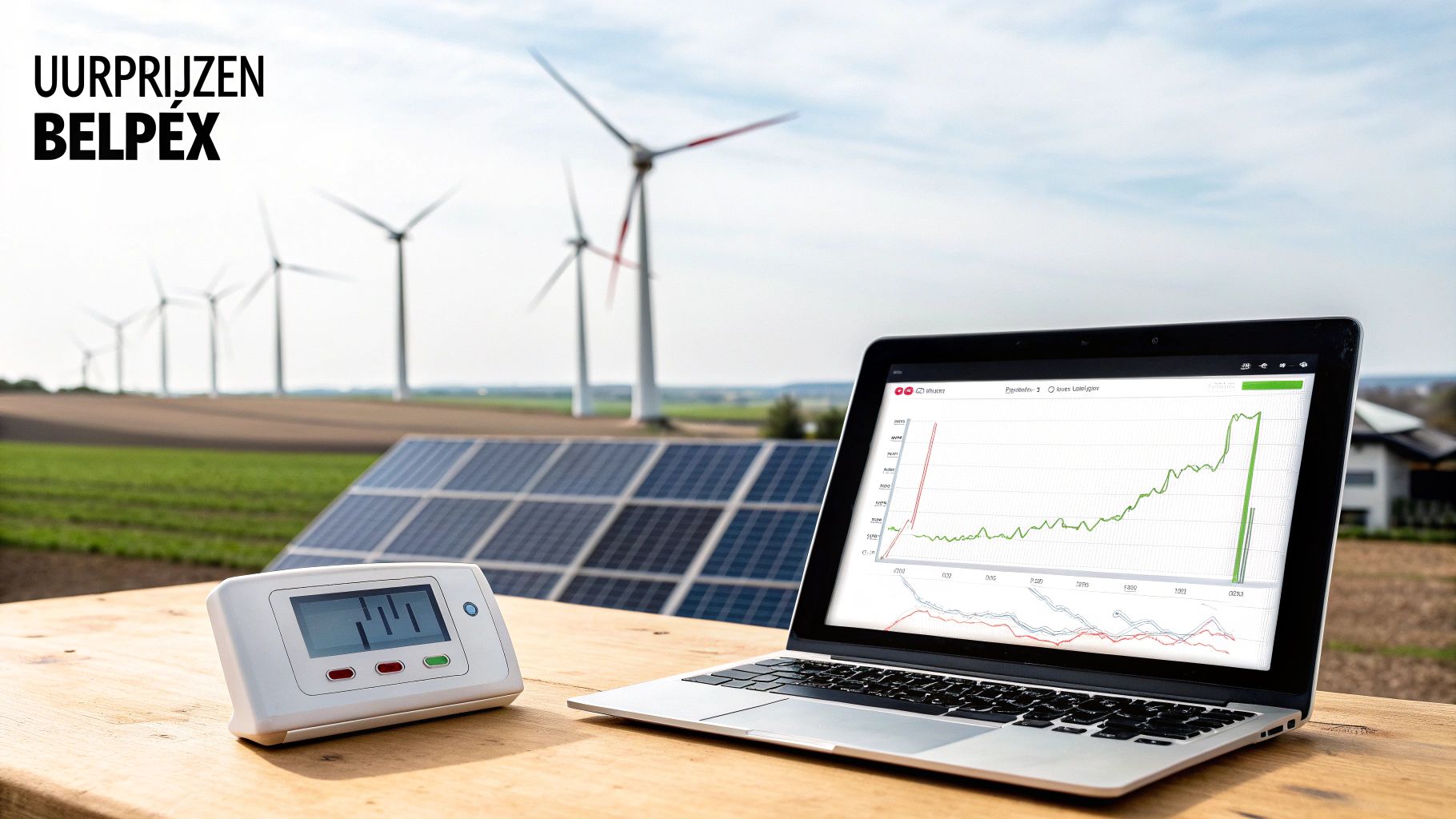 BELPEX uurprijzen dashboard op laptop met zonnepanelen, windturbines en energiemeter op houten tafel