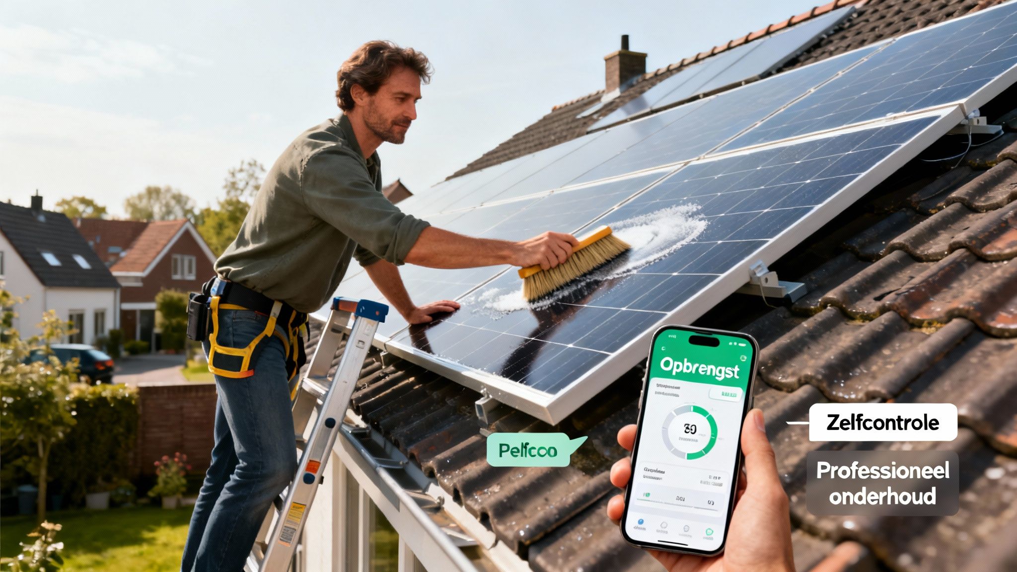 Man reinigt zonnepanelen op dak, terwijl een hand een telefoon met een energie-opbrengst app vasthoudt.
