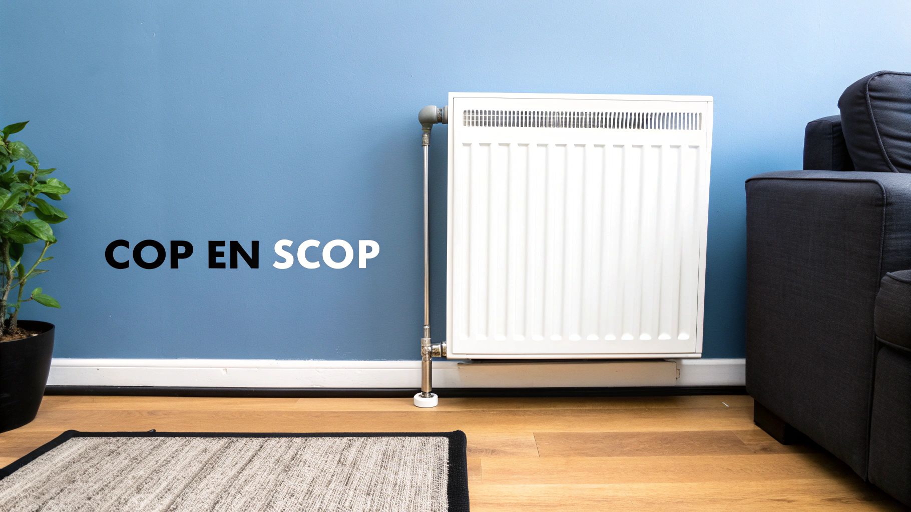 Een interieur met blauwe muur, witte radiator, een plant en een donkere bank. De tekst 'COP EN SCOP' is zichtbaar.
