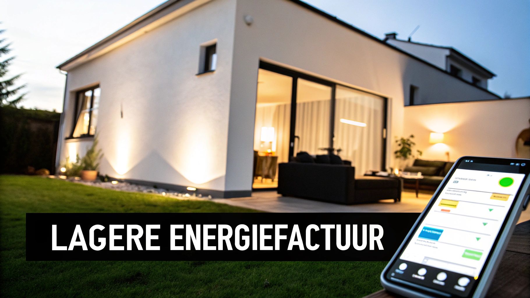 Een modern wit huis met sfeervolle verlichting buiten, en een smartphone met een energie-app op de voorgrond, de tekst 'Lagere energiefactuur' is prominent zichtbaar.