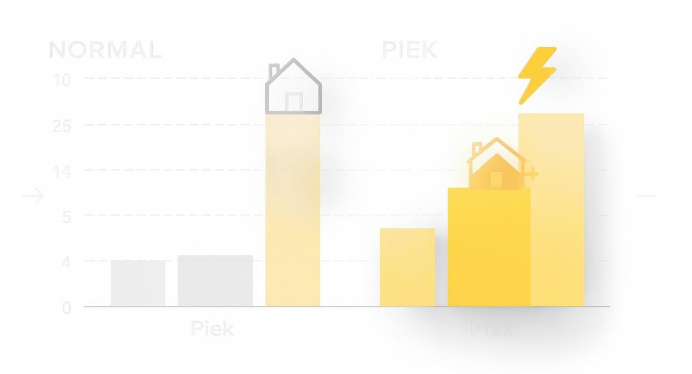 Staafdiagram vergelijkt normaal en piekverbruik van een digitale meter, met huissymbolen en een bliksemschicht.