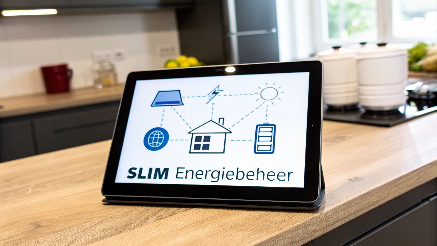 Tablet met 'SLIM Energiebeheer' diagram in een moderne keuken, toont zonnepanelen, huis en batterij.