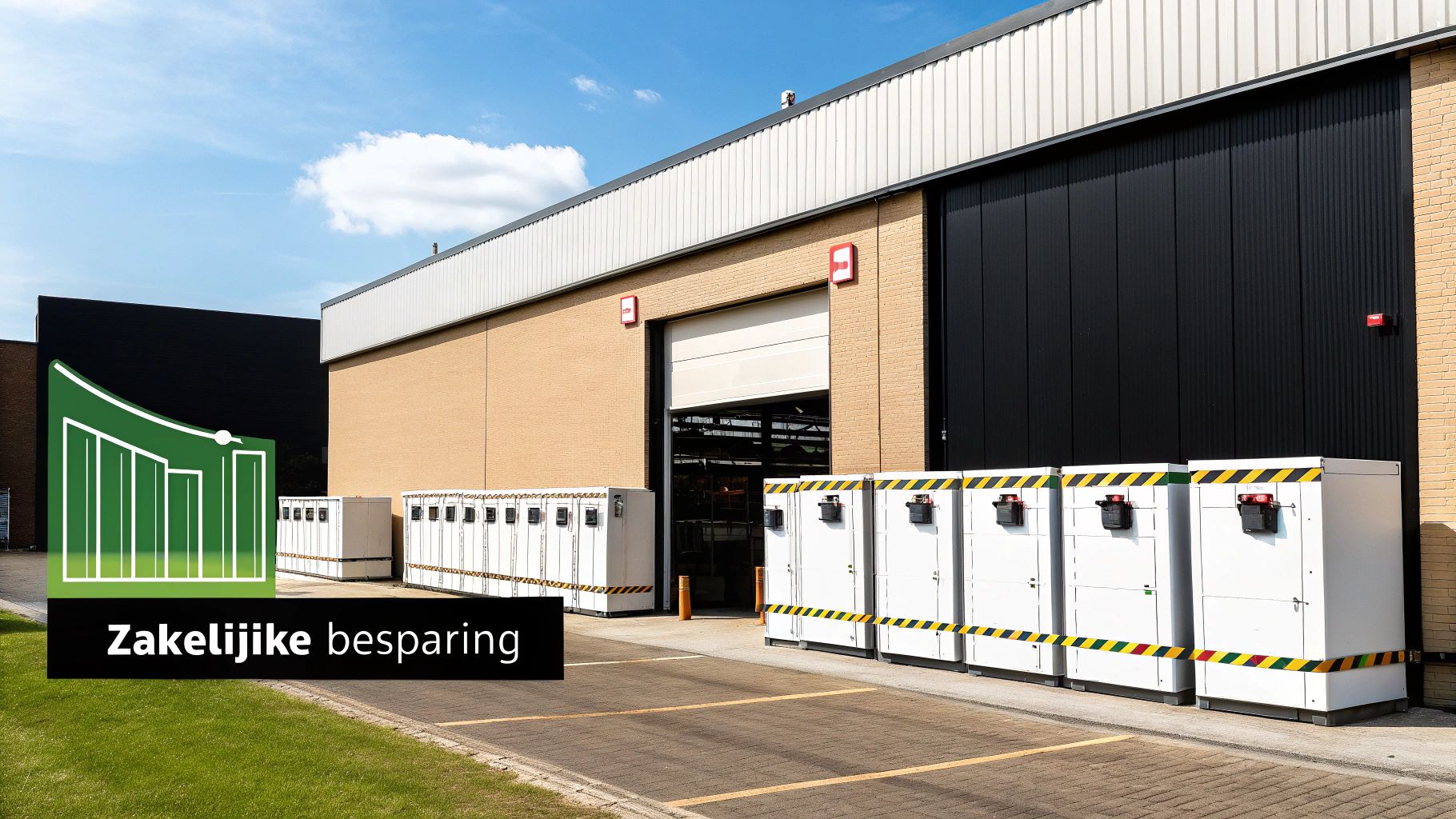 Commerciële batterijopslagsystemen buiten een bedrijfspand onder een heldere lucht, met grafiek die besparing toont.