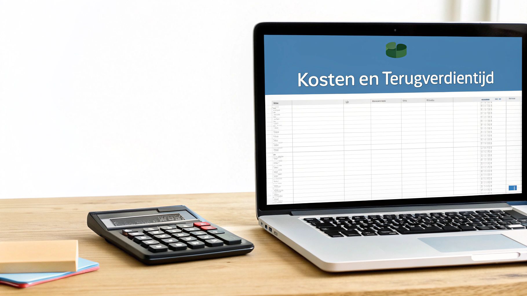 Laptop met spreadsheet Kosten en Terugverdientijd en rekenmachine op houten bureau voor batterijopslag berekeningen