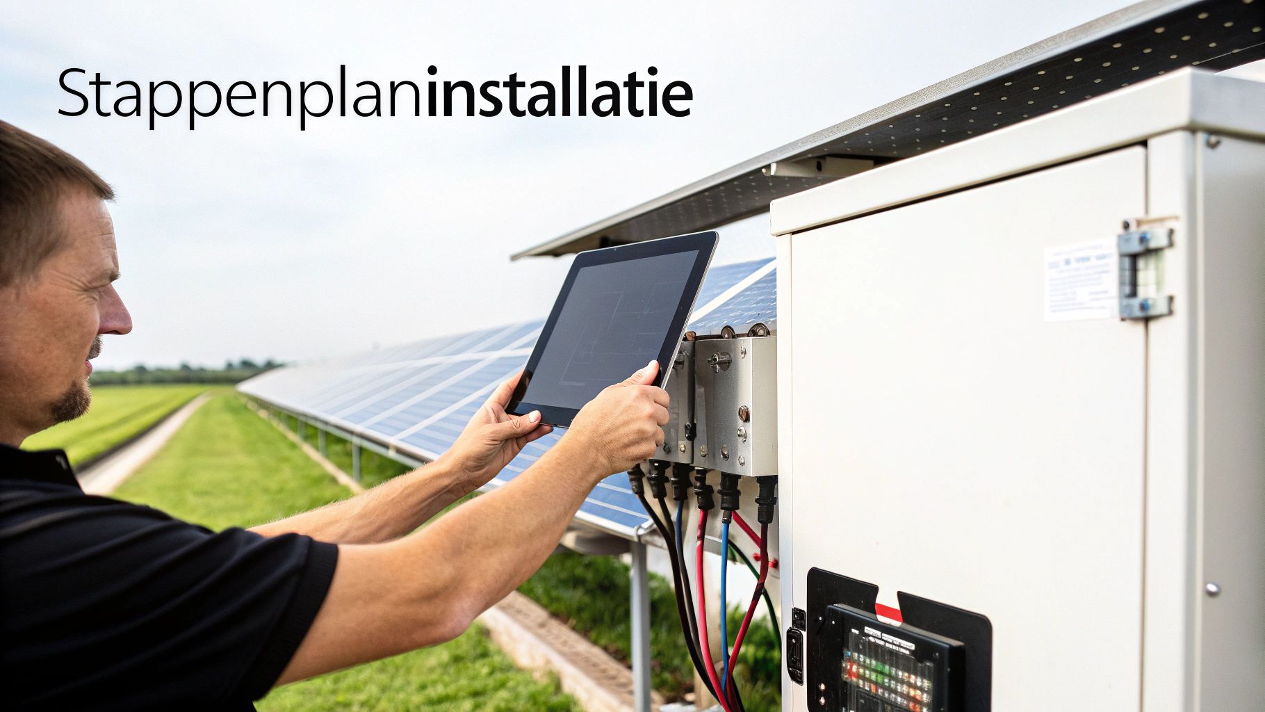 Man met tablet controleert energiemanagementsysteem bij zonnepanelen in een groen veld.