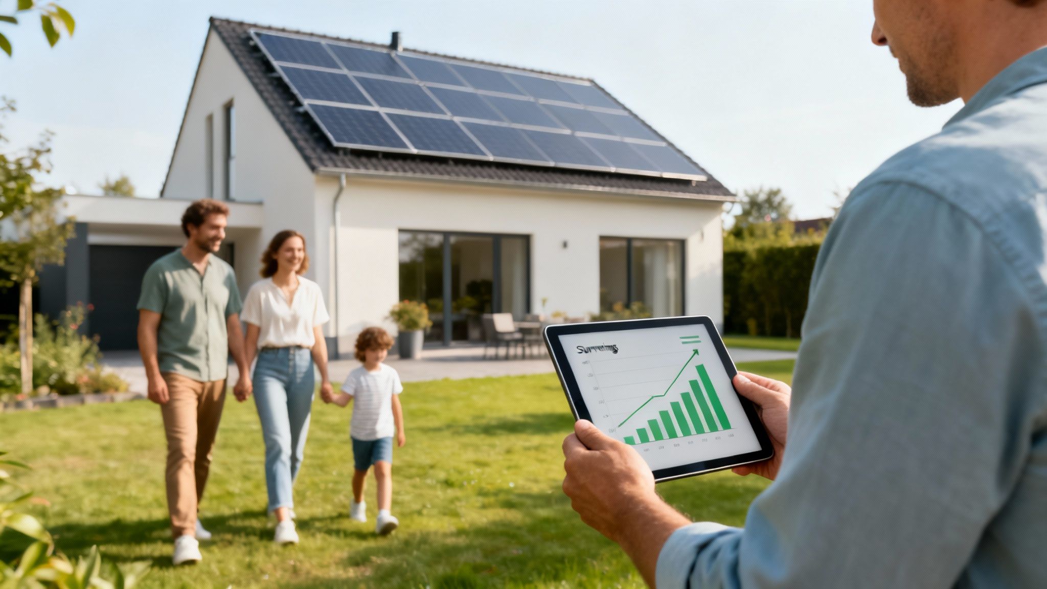 Een man bekijkt besparingen op zijn tablet, met een lachend gezin en een huis met zonnepanelen op de achtergrond.