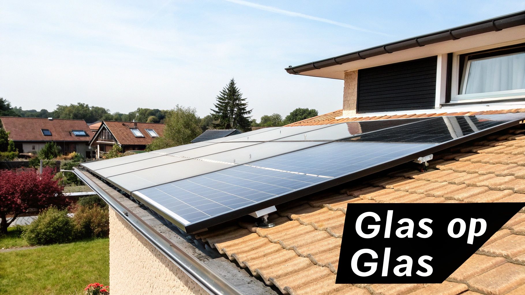 Zonnepanelen (Glas op Glas) op een pannendak van een huis onder een blauwe lucht.