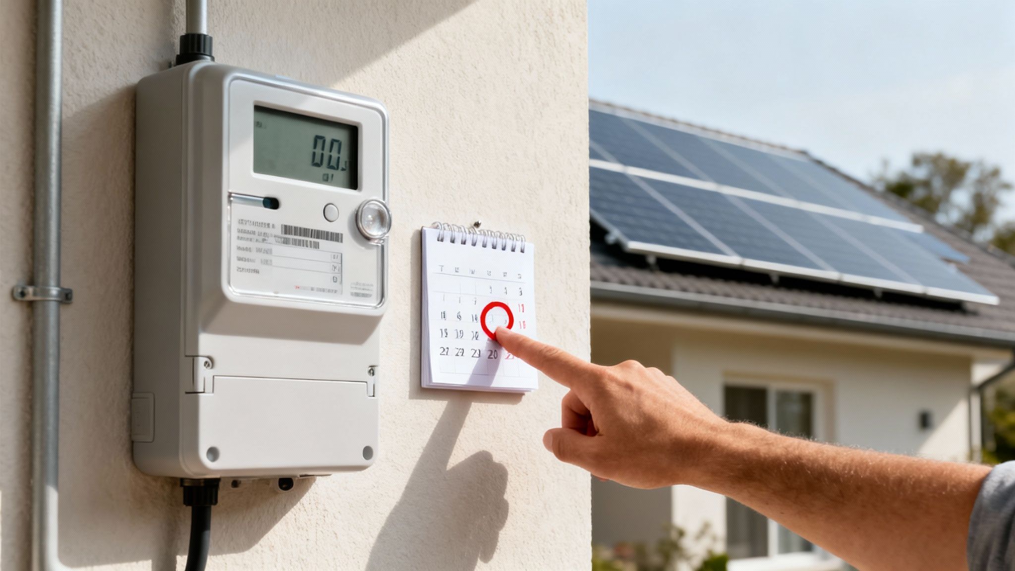 Hand wijst naar datum op kalender bij slimme meter, met zonnepanelen op een huisdak.