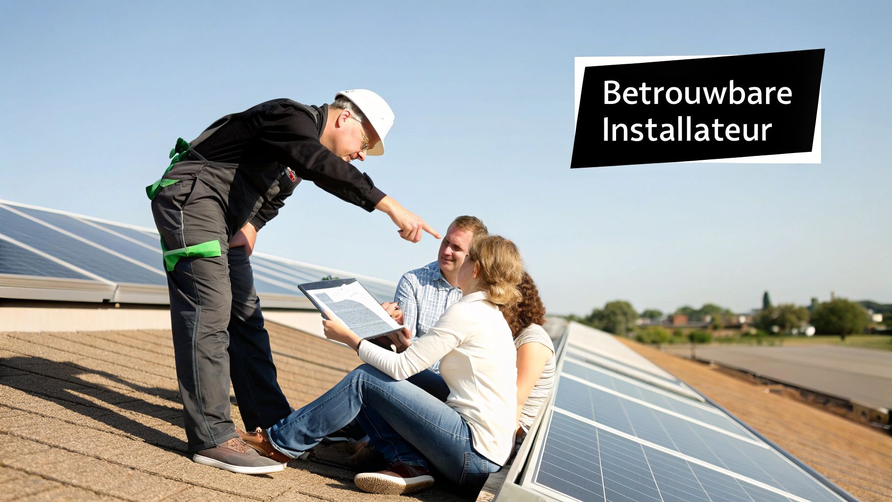 Zonnepanelen installateur bespreekt project met klanten op dak met zonnepanelen installatie
