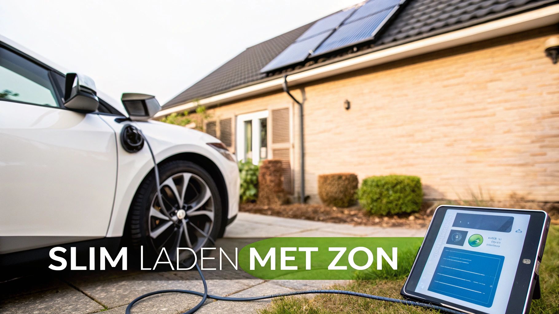Witte elektrische auto laadt op voor huis met zonnepanelen, een tablet toont slim laden met zon.