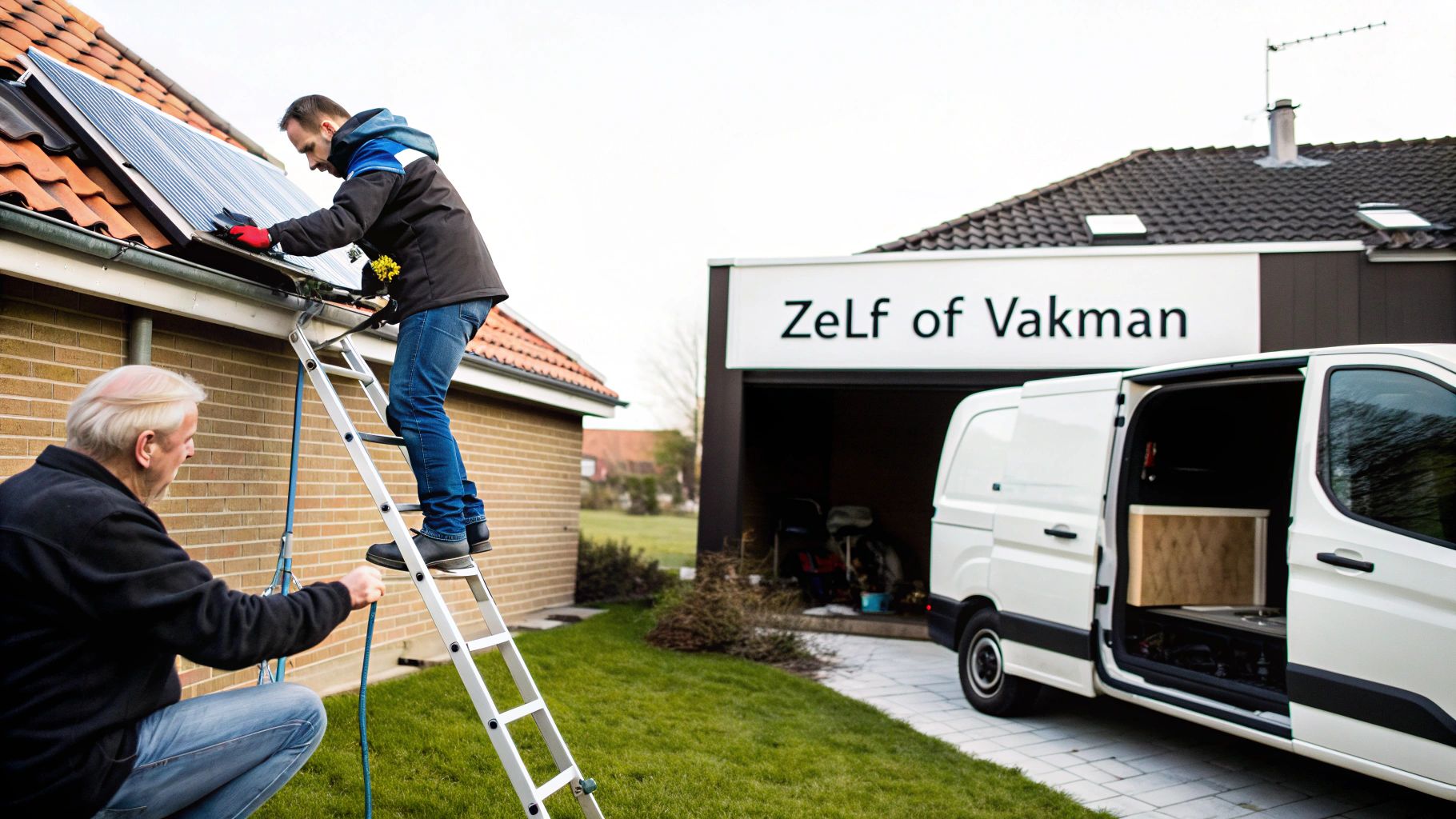 Twee mannen installeren of reinigen zonnepanelen op een dak, waarbij één man de ladder vasthoudt.