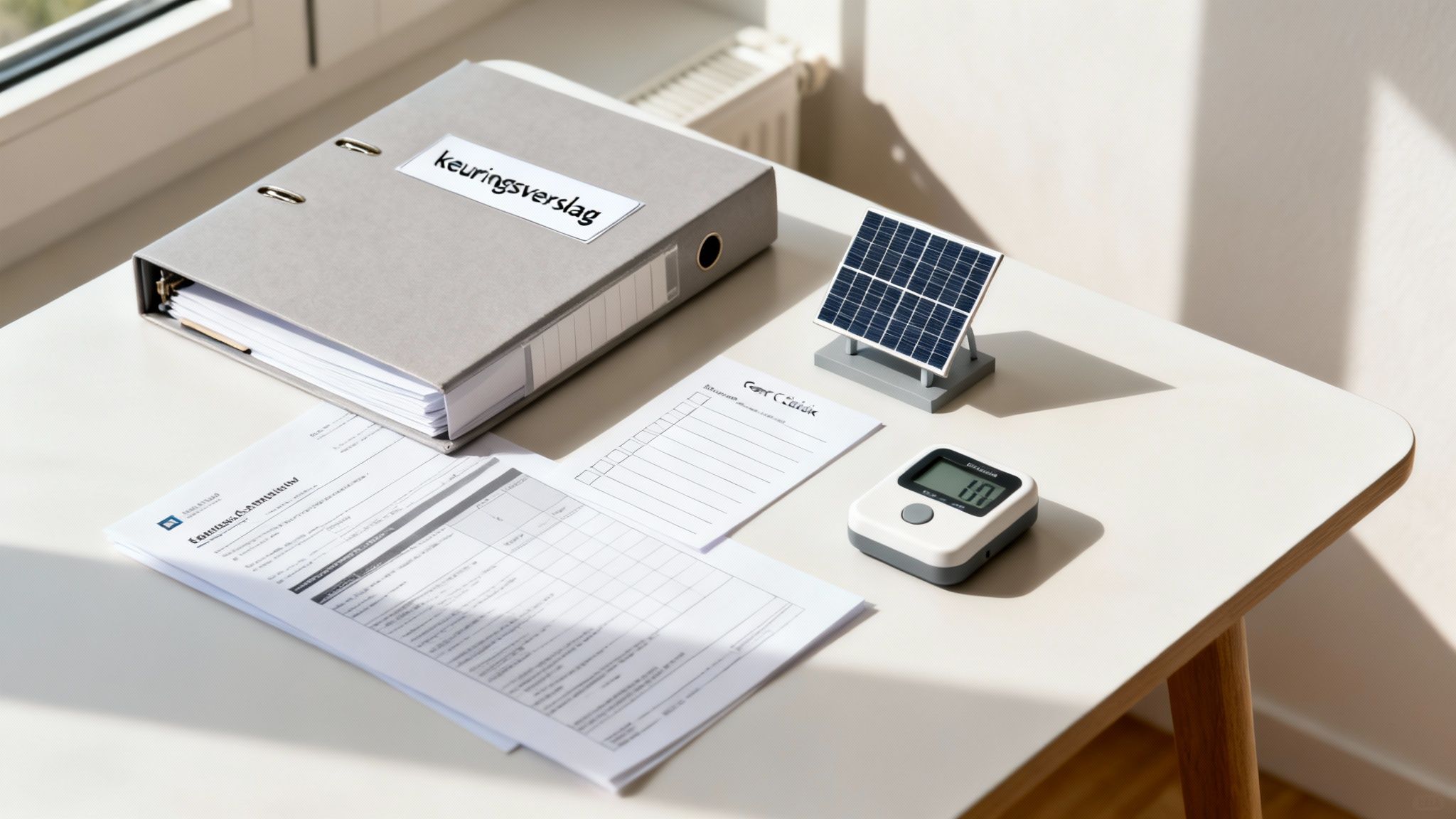 Een bureau met een map 'keuringsverslag', papieren, een model zonnepaneel en een digitale meter.