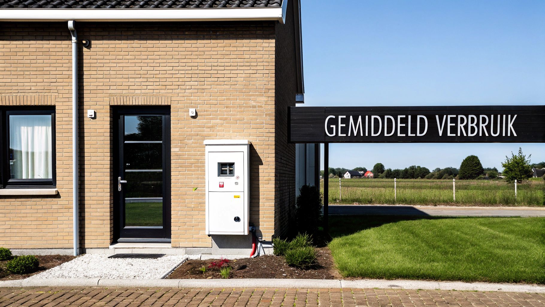 Een modern huis met een buiten meterbox, een deur en een raam. Een bord toont 'Gemiddeld Verbruik' naast een groen veld en huizen.