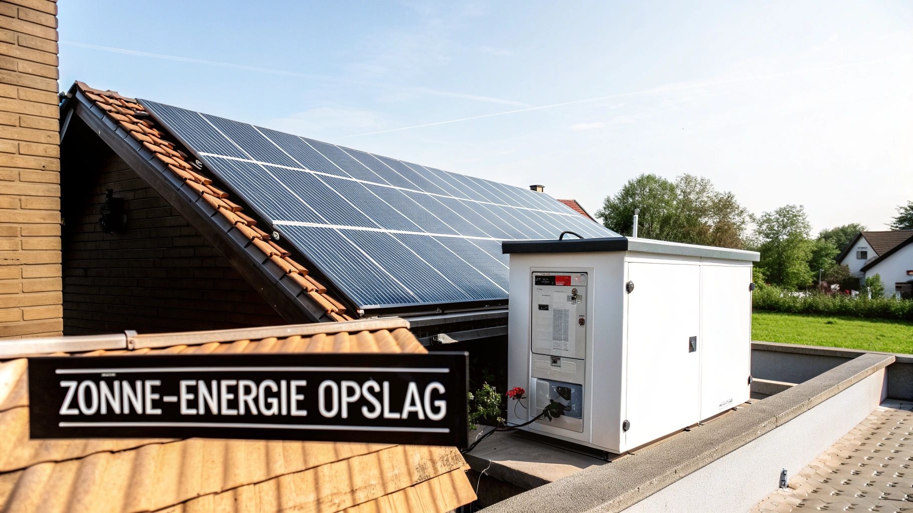 Zonne-energie opslag systeem met zonnepanelen op dak en witte batterij-unit voor thuisgebruik