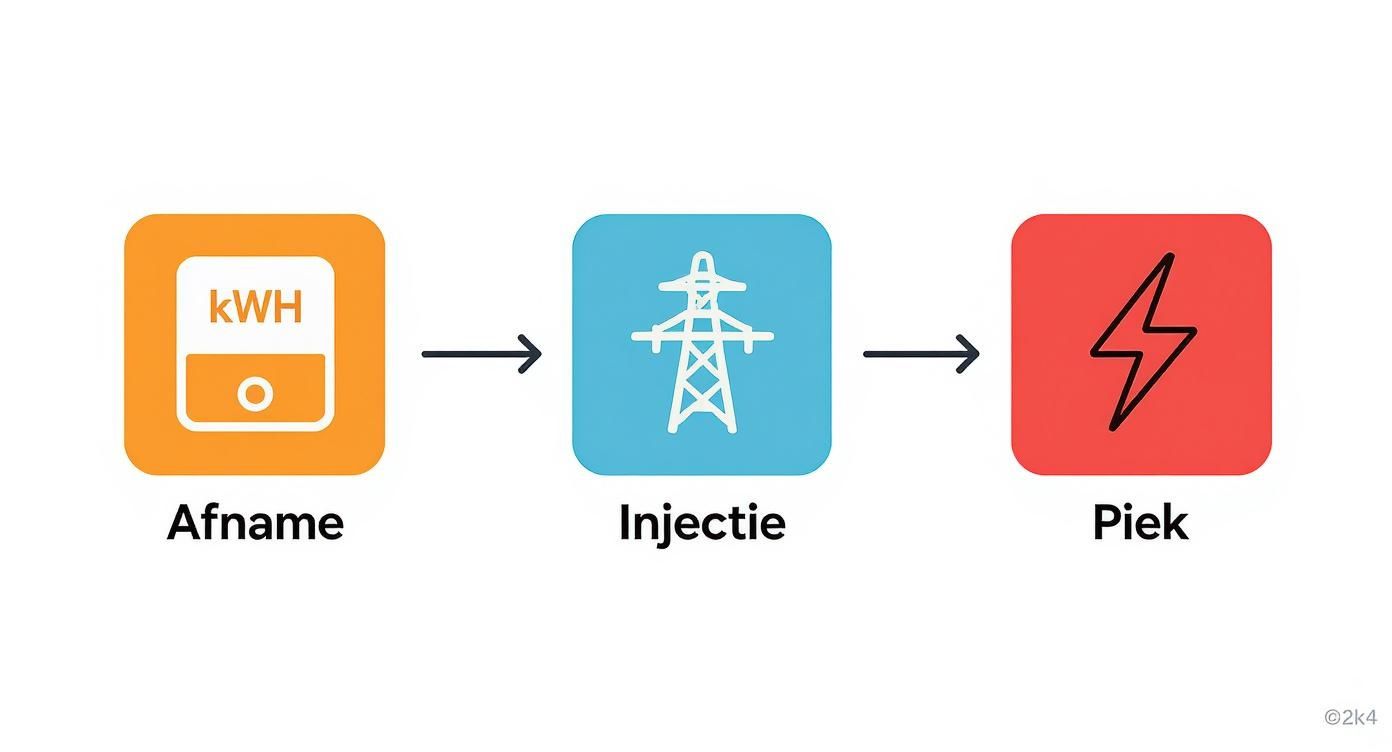 Visualisatie van de energiestroom met afname, injectie en piekgebruik, uitgebeeld met iconen en pijlen.