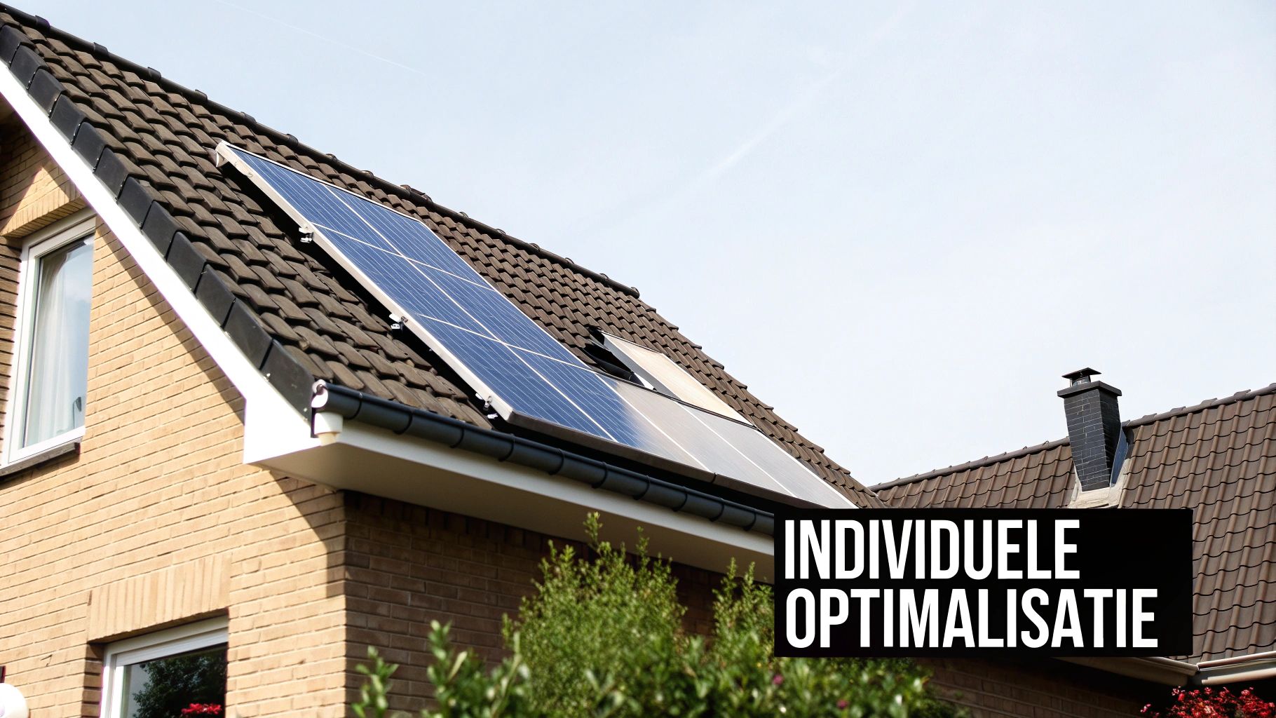 Dak van een huis met zonnepanelen, een dakraam en een schoorsteen, met een lichte bakstenen muur en de tekst 'INDIVIDUELE OPTIMALISATIE'.