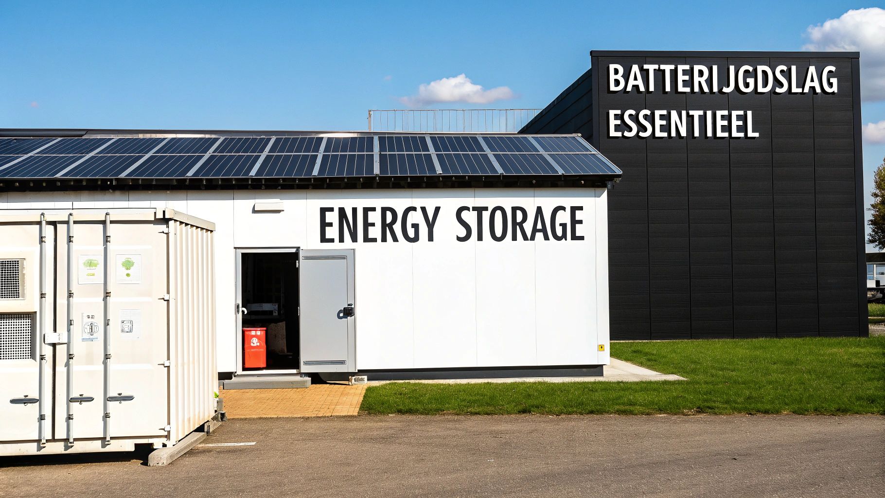 Een modern energieopslaggebouw met zonnepanelen op het dak en een aangrenzende batterijopslagplaats.
