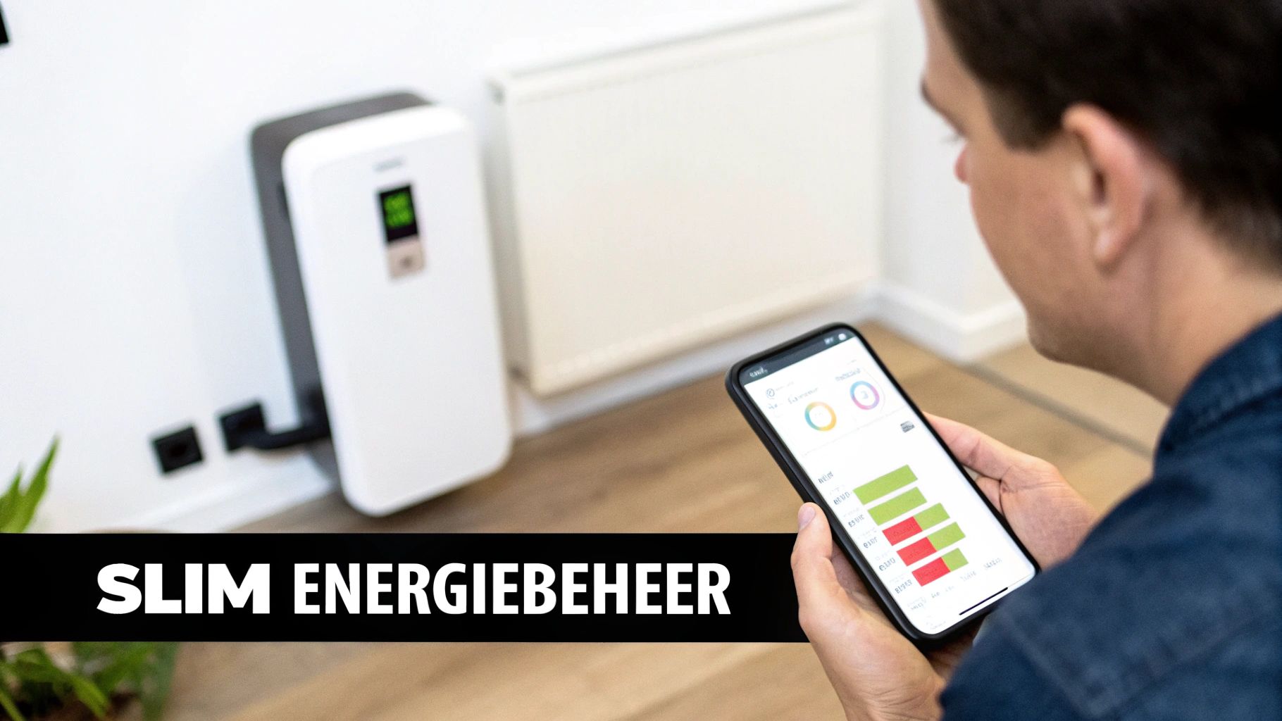 Man beheert energie met een smartphone-app, naast een thuisbatterij en radiator, voor slim energiebeheer.